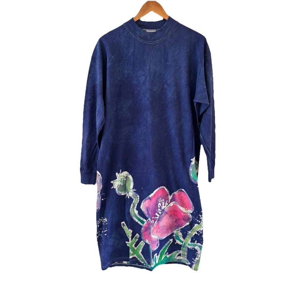 Womens Hand Painted Batik Dress OS Blue Art To Wear Midi Cotton Colorado Granola